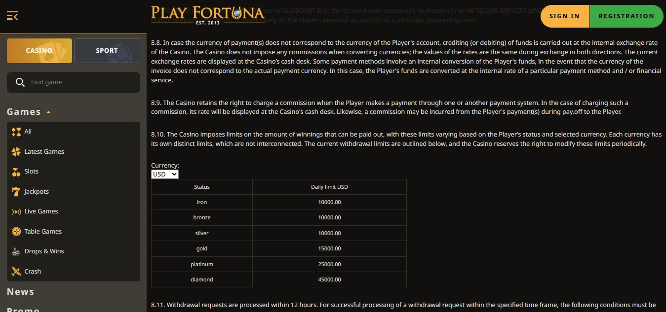Screenshot of Play Fortuna's withdrawal section and limits