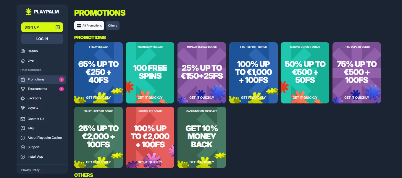 Screenshot of PlayPalm's welcome bonus offer
