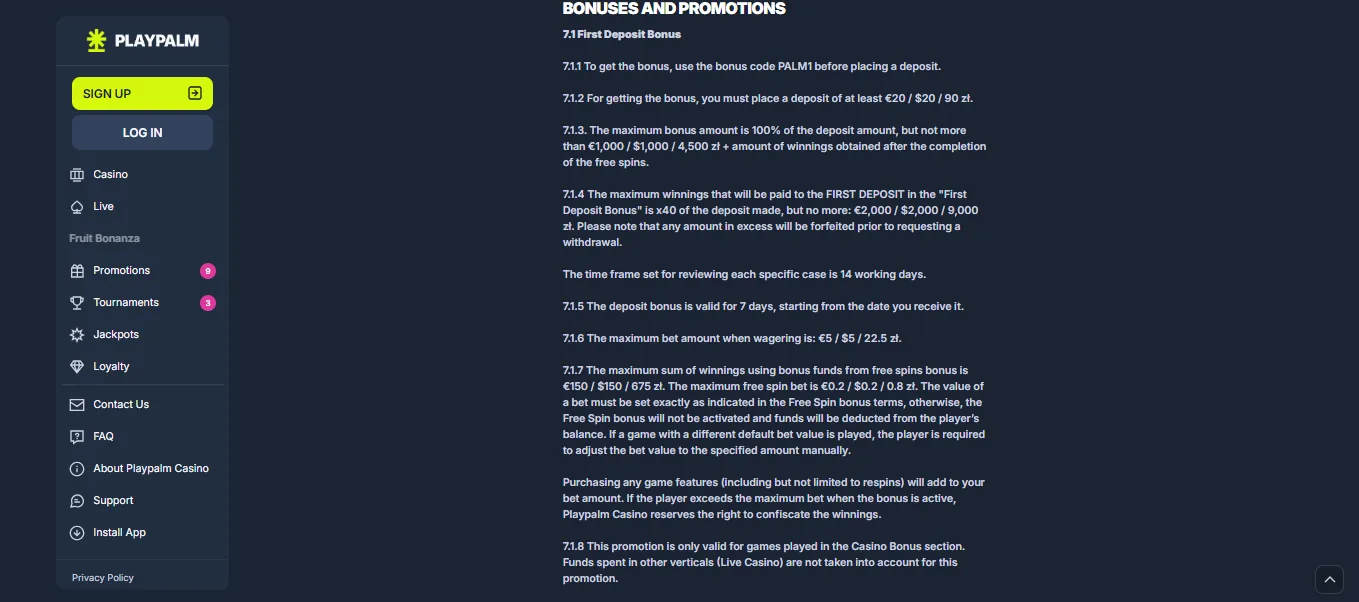 Screenshot of PlayPalm's bonus terms and wagering requirements