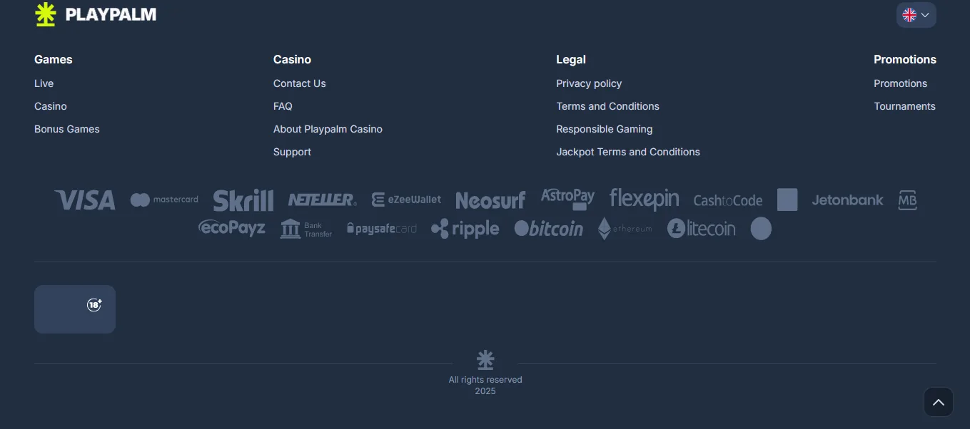 Screenshot of PlayPalm's footer licence and regulator details
