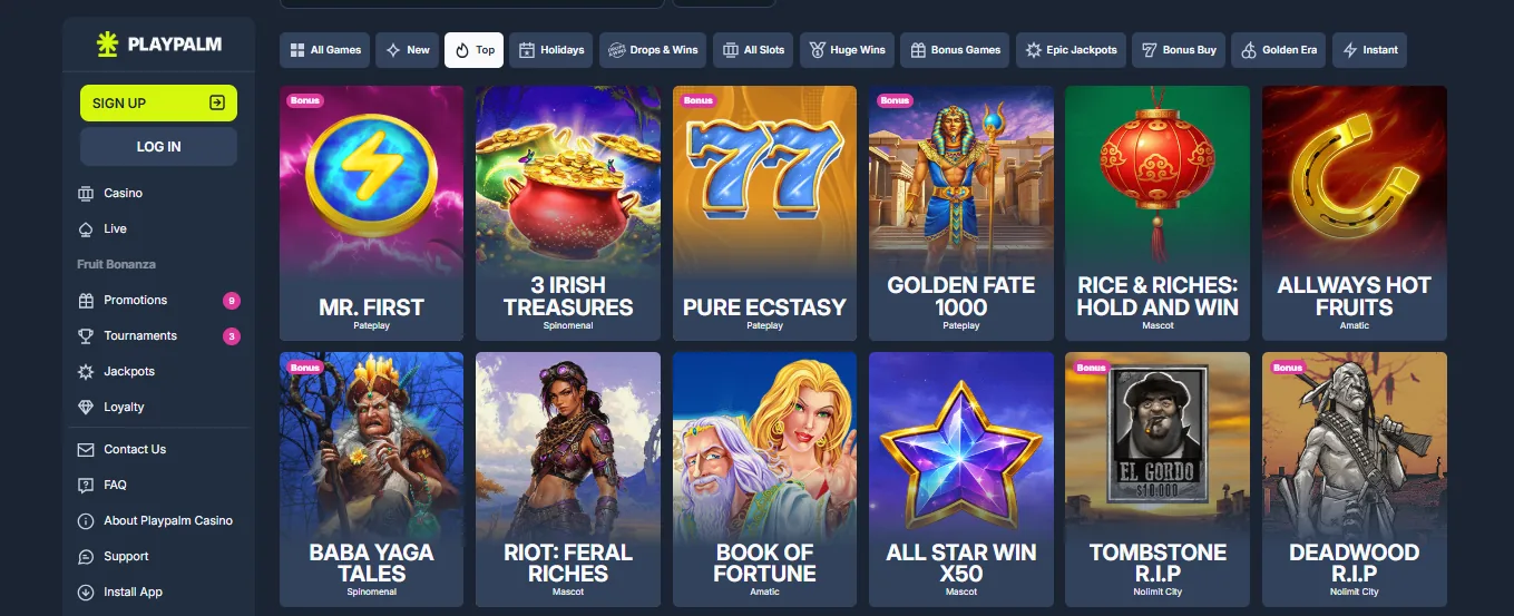 Screenshot of PlayPalm's games lobby