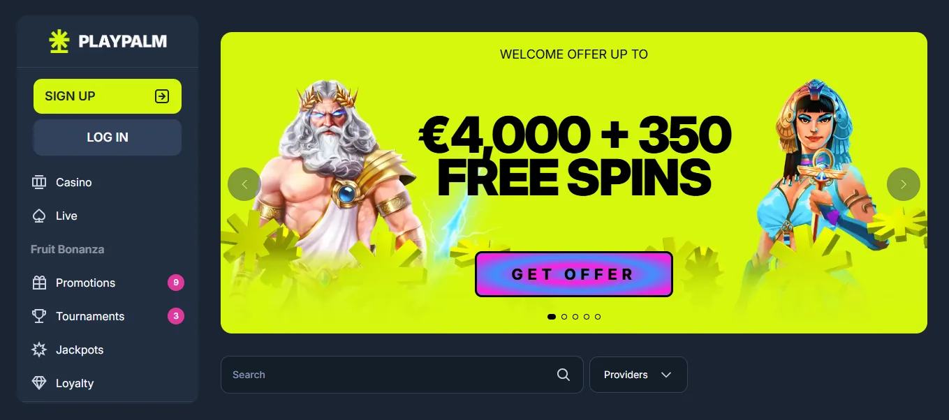 Screenshot of PlayPalm's homepage
