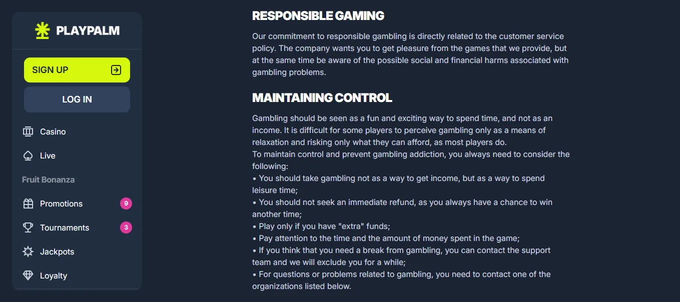 Screenshot of PlayPalm's responsible-gambling tools