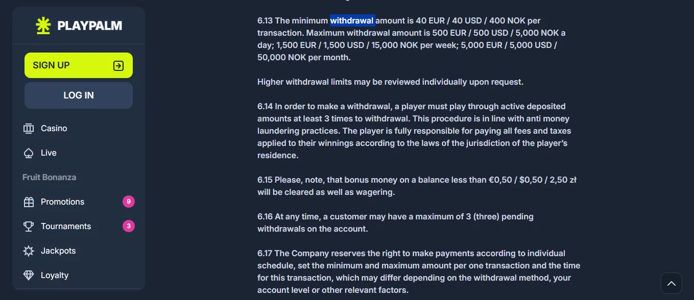 Screenshot of PlayPalm's withdrawal section and limits