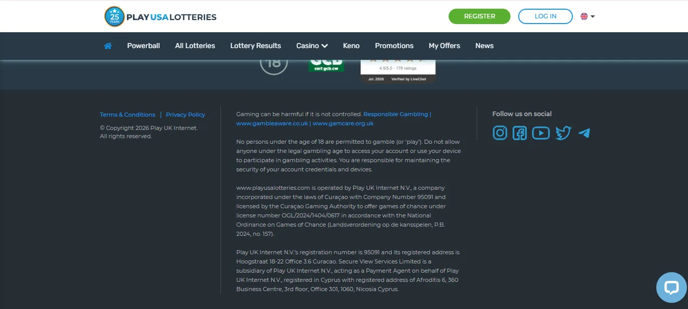 Screenshot of PLAYUSALOTTERIES's footer licence and regulator details