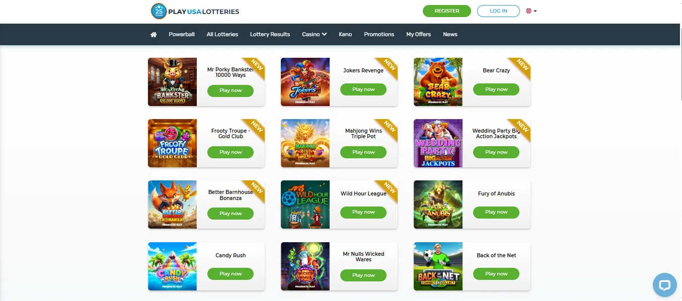 Screenshot of PLAYUSALOTTERIES's games lobby