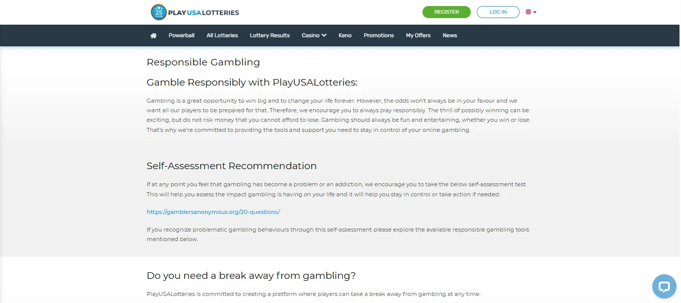 Screenshot of PLAYUSALOTTERIES's responsible-gambling tools