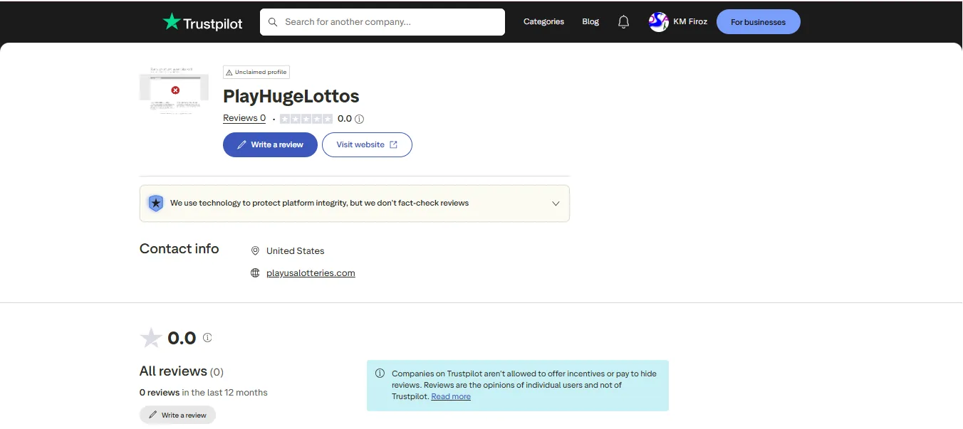 Screenshot of PLAYUSALOTTERIES's Trustpilot rating overview