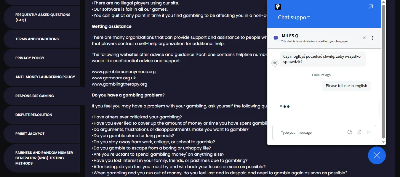 Screenshot of PriBet's live chat support window