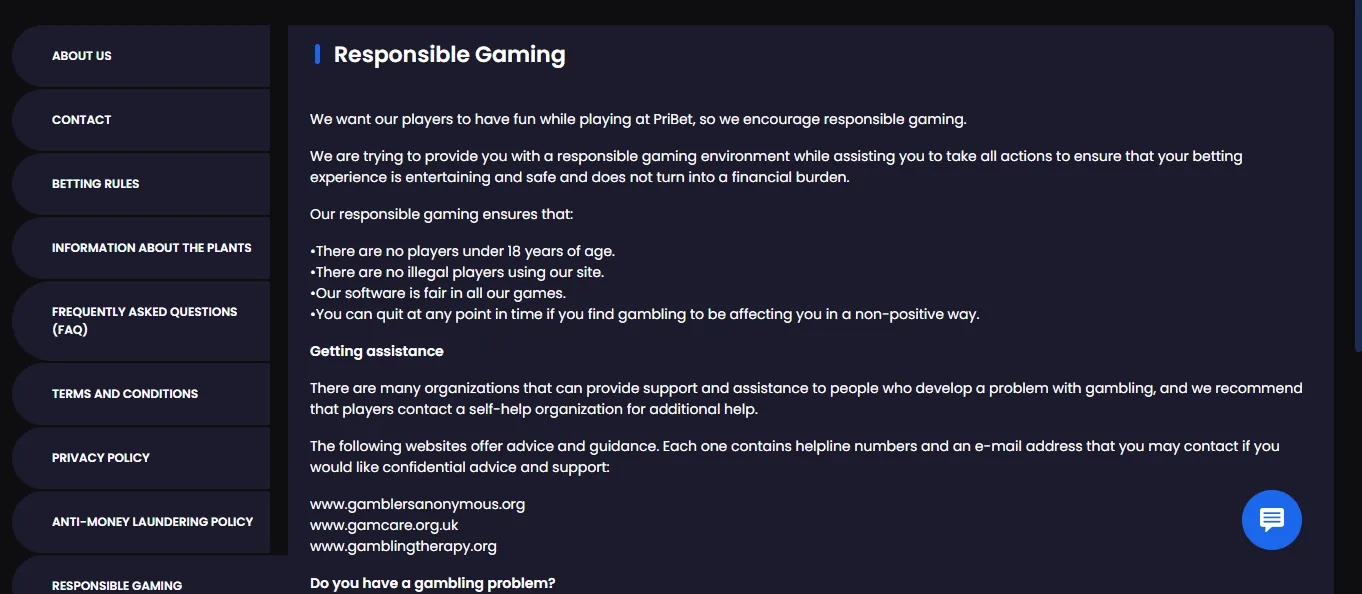 Screenshot of PriBet's responsible-gambling tools