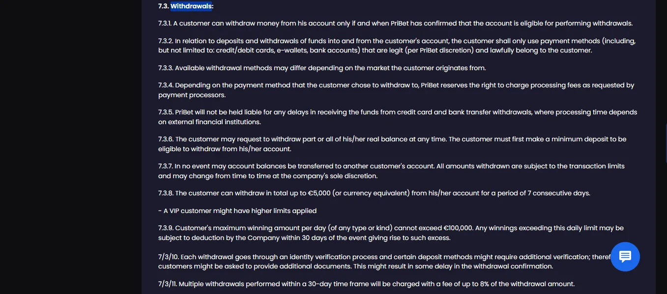 Screenshot of PriBet's withdrawal section and limits