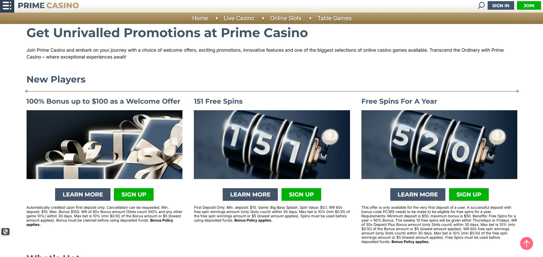 Screenshot of Prime Casino's welcome bonus offer