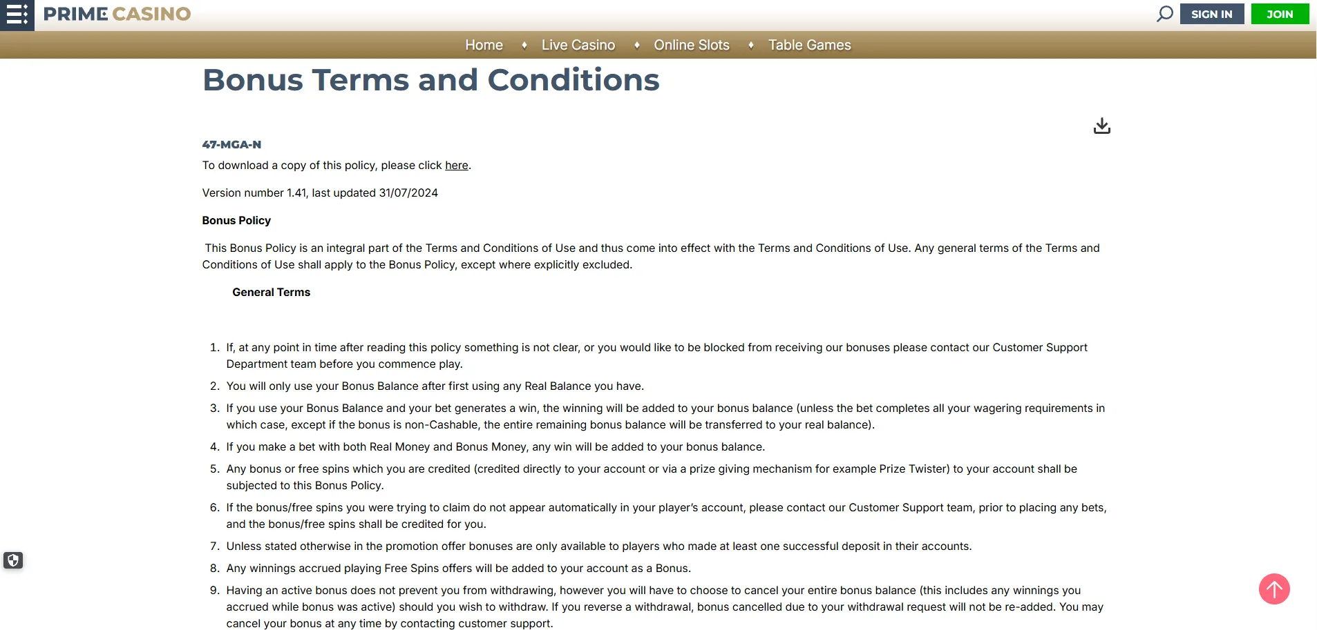 Screenshot of Prime Casino's bonus terms and wagering requirements