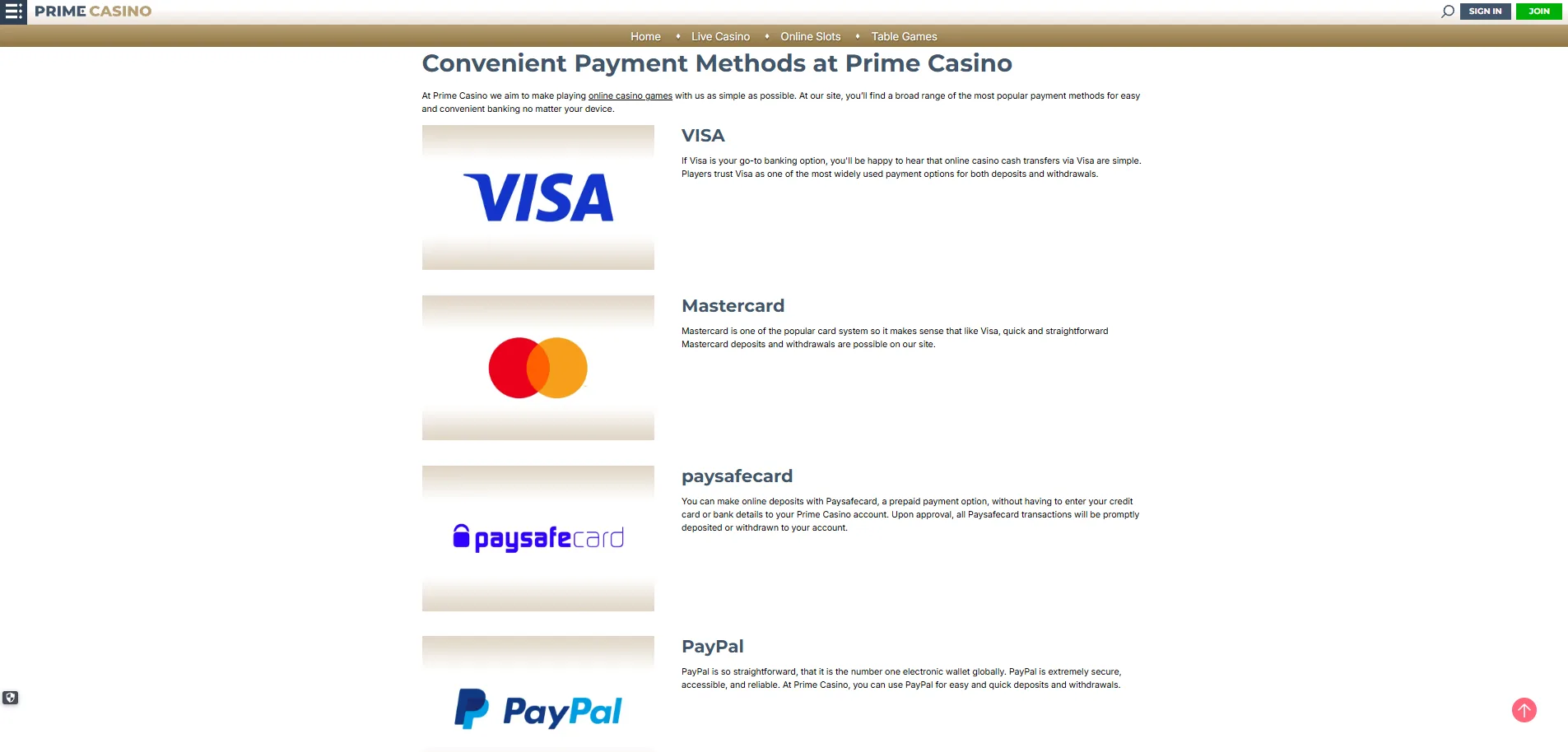 Screenshot of Prime Casino's cashier and payment methods