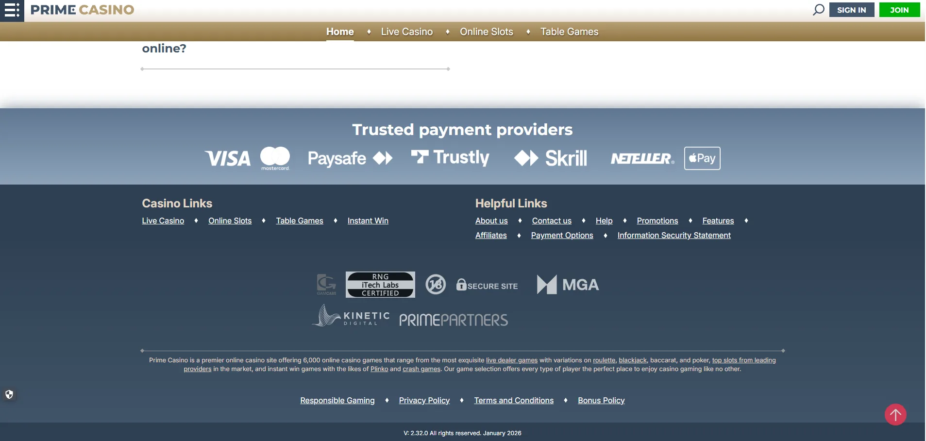 Screenshot of Prime Casino's footer licence and regulator details
