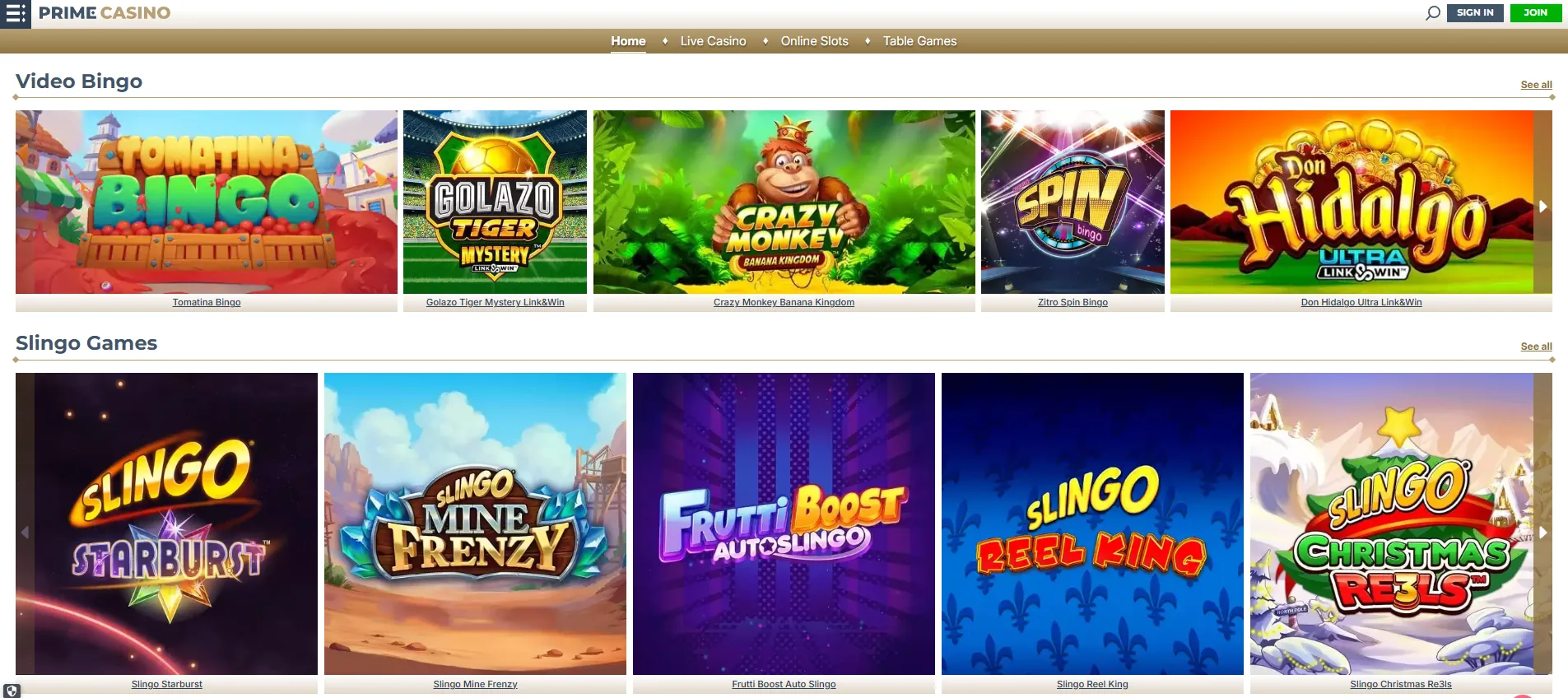 Screenshot of Prime Casino's games lobby