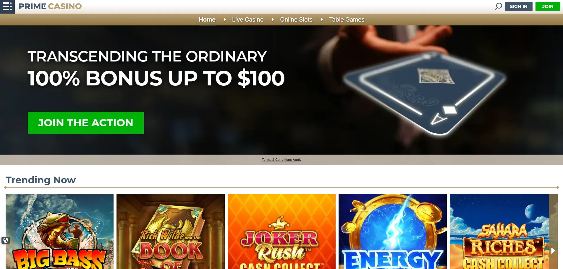 Screenshot of Prime Casino's homepage