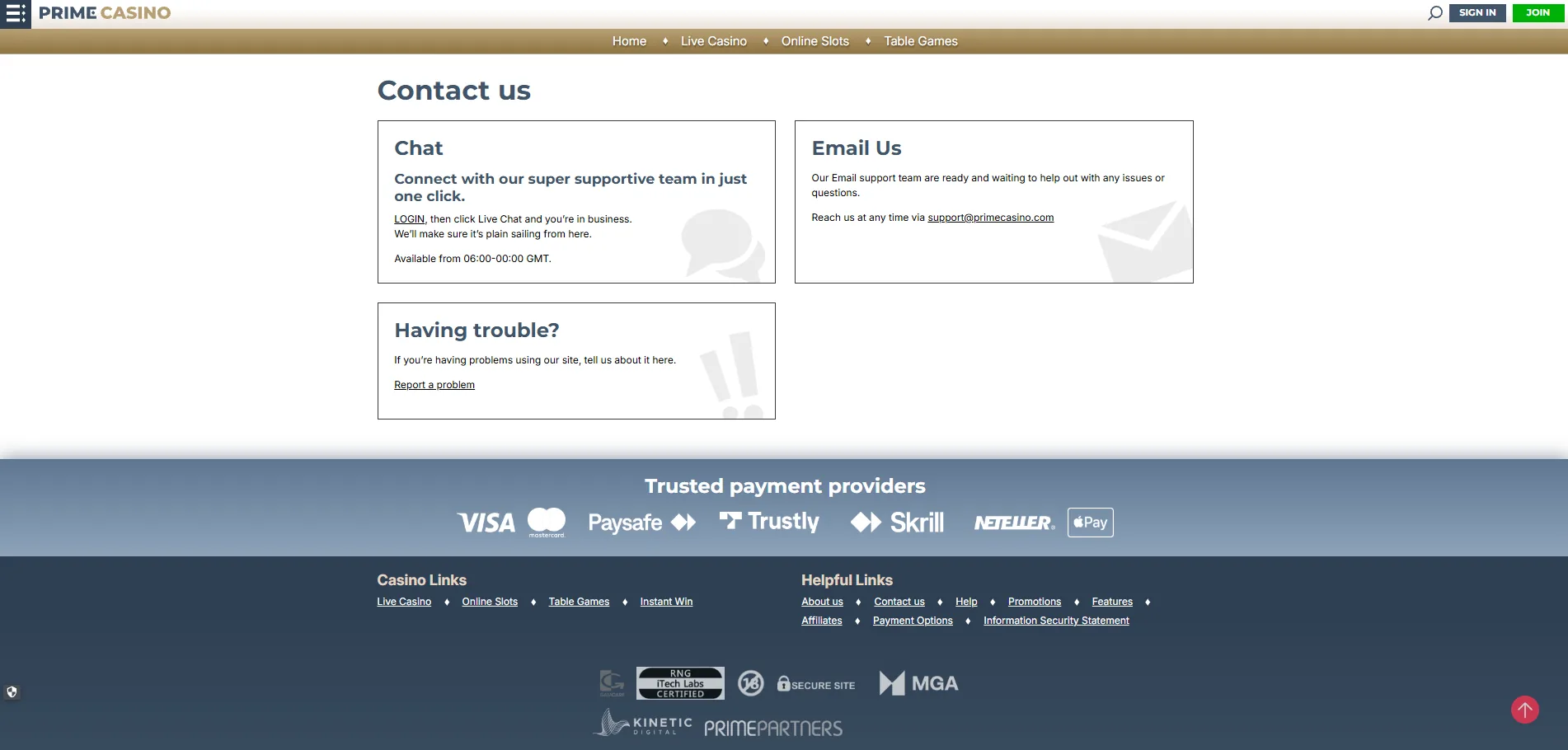 Screenshot of Prime Casino's live chat support window