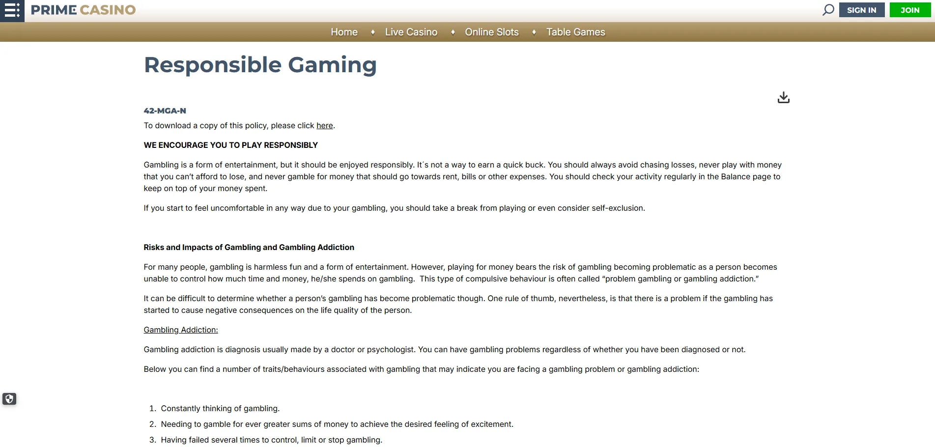 Screenshot of Prime Casino's responsible-gambling tools