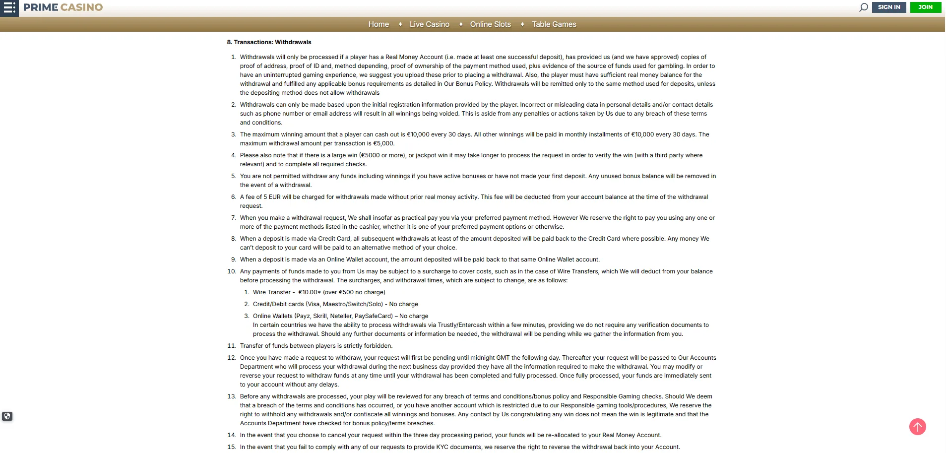 Screenshot of Prime Casino's withdrawal section and limits