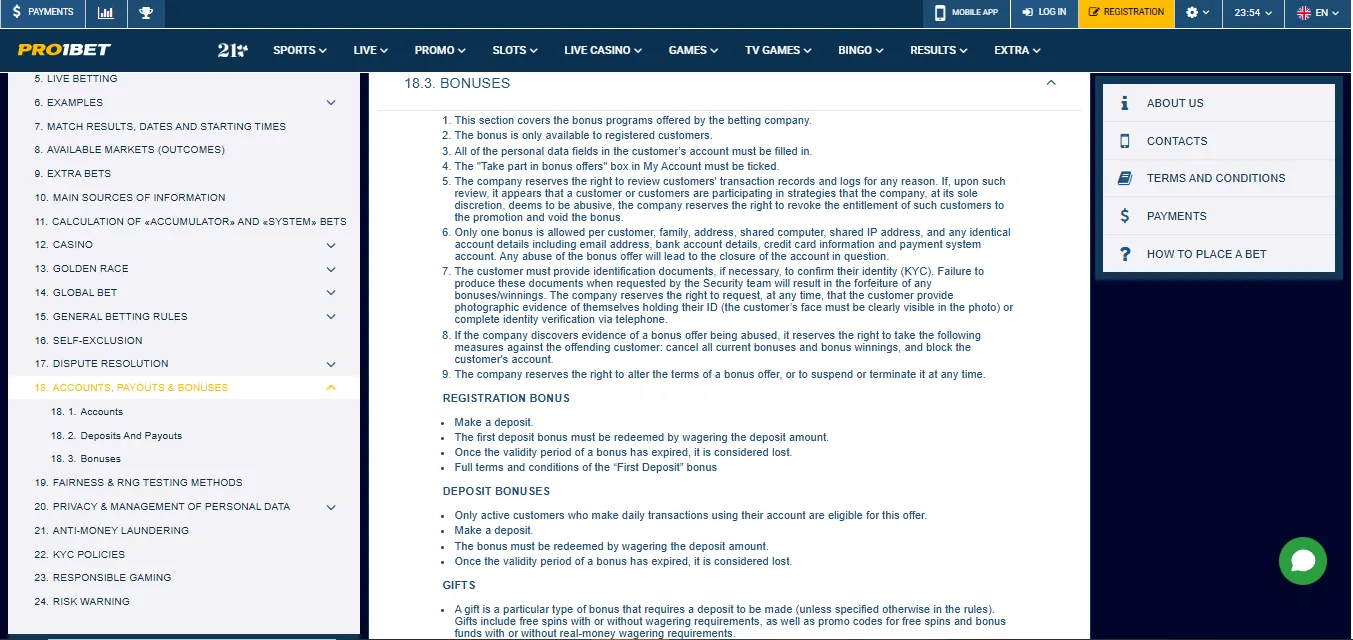 Screenshot of Pro1bet's bonus terms and wagering requirements