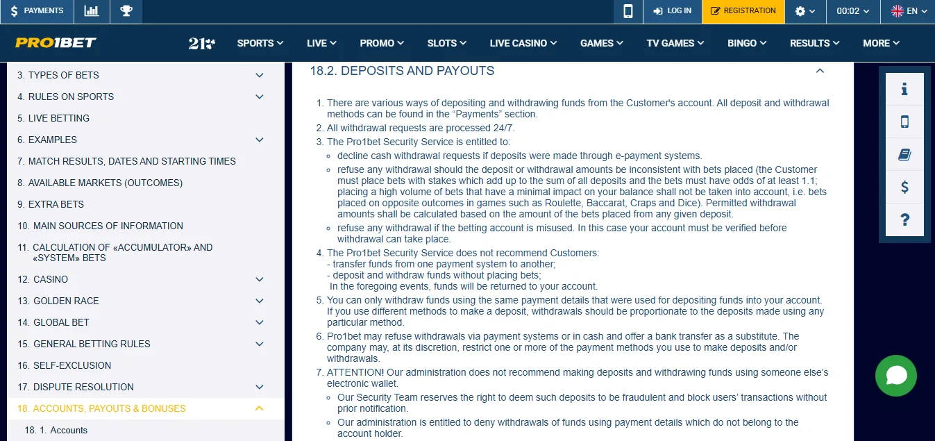 Screenshot of Pro1bet's cashier and payment methods