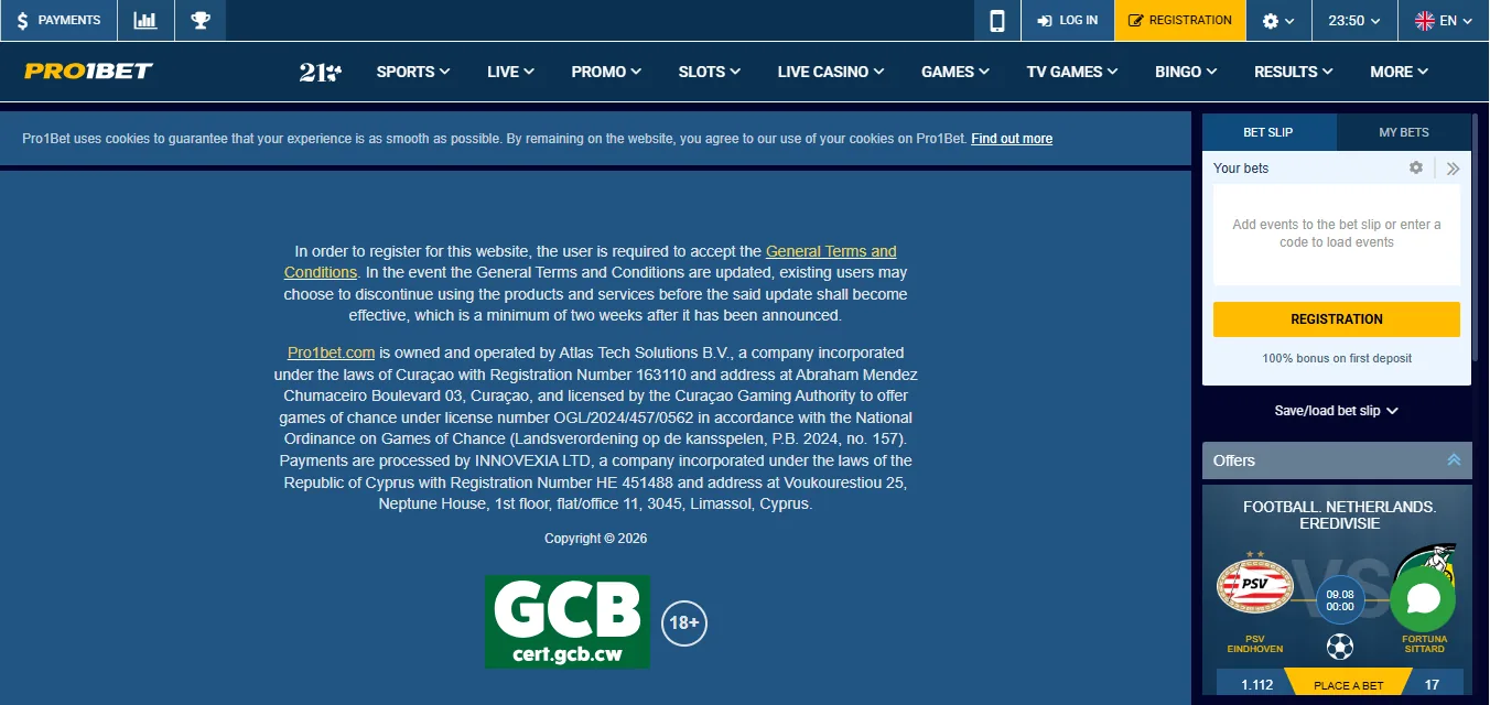 Screenshot of Pro1bet's footer licence and regulator details