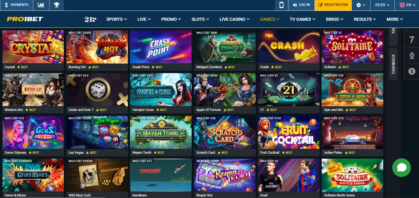 Screenshot of Pro1bet's games lobby