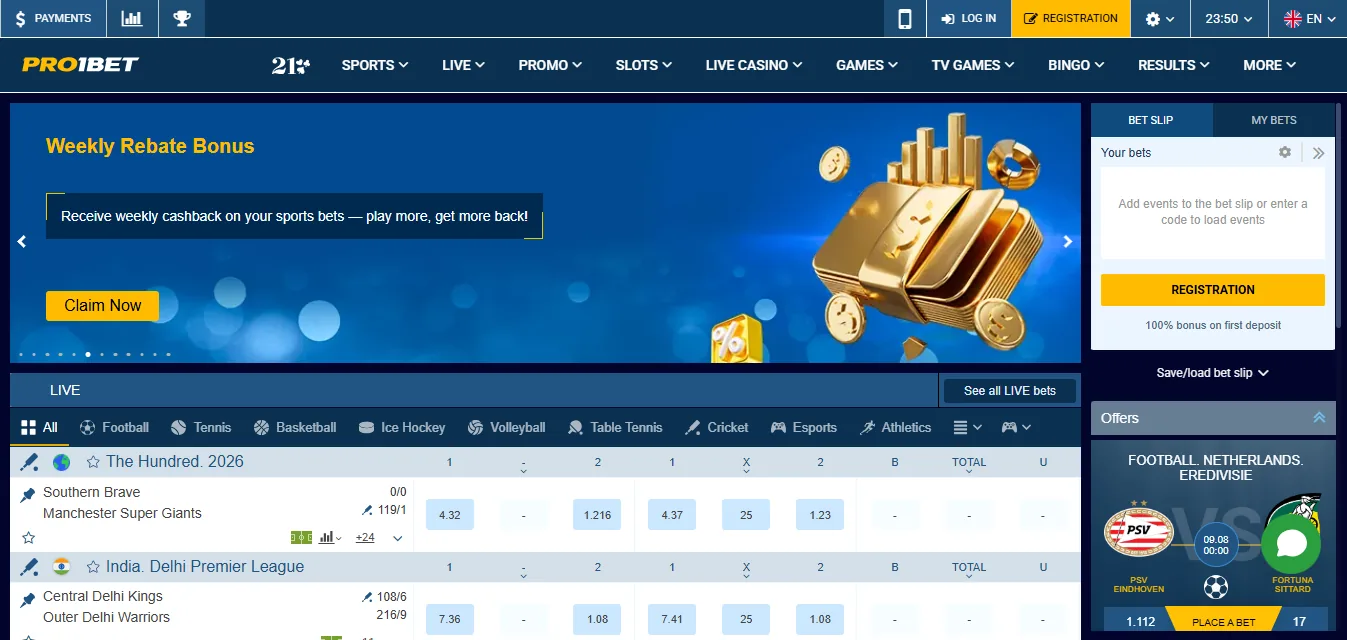 Screenshot of Pro1bet's home
