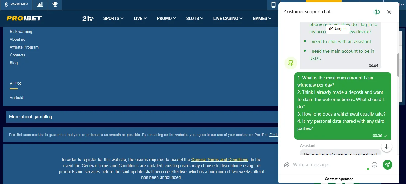 Screenshot of Pro1bet's live chat support window