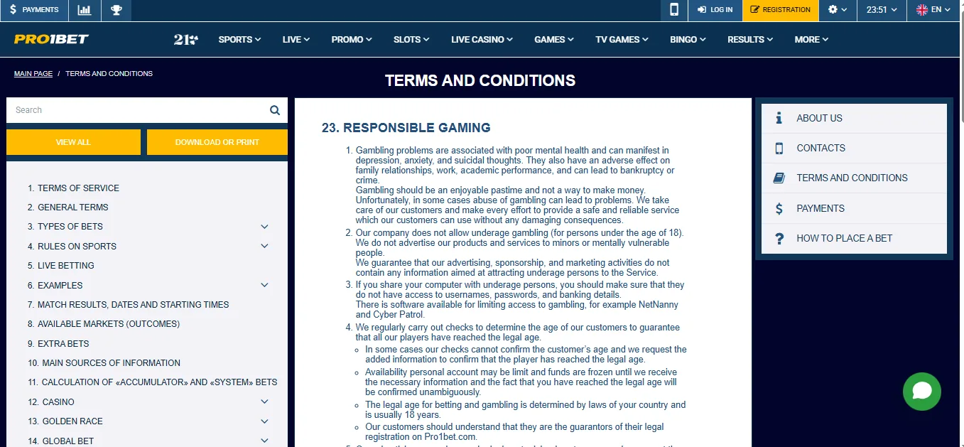 Screenshot of Pro1bet's responsible-gambling tools