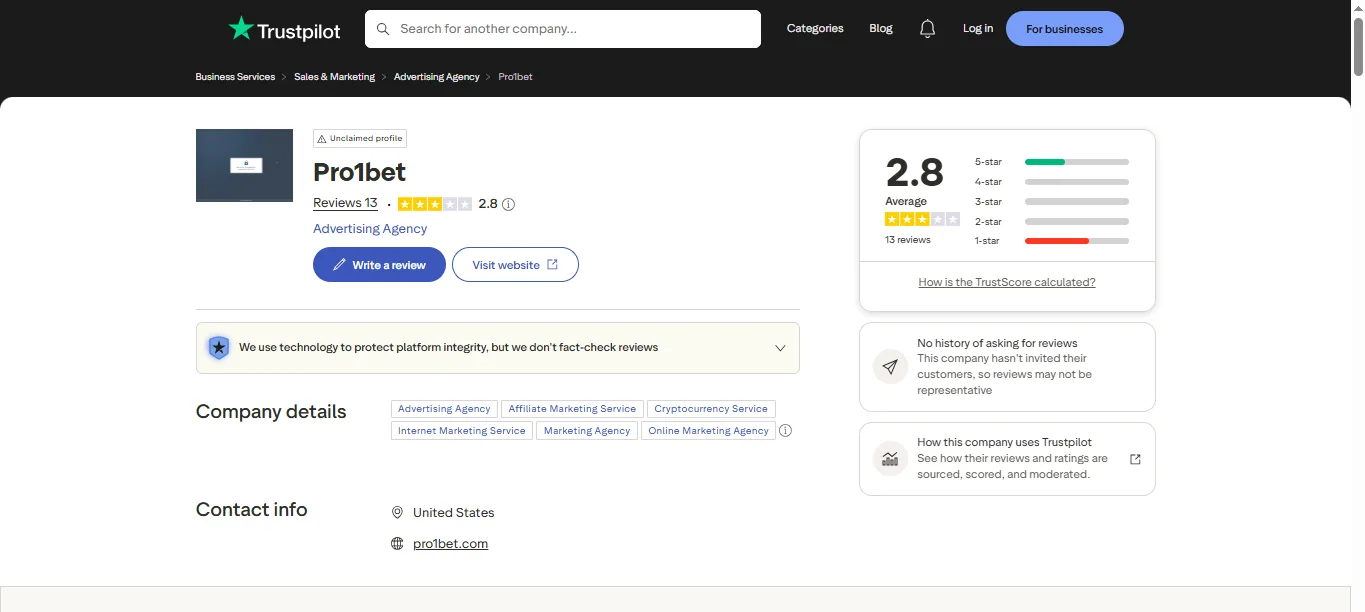 Screenshot of Pro1bet's Trustpilot rating overview