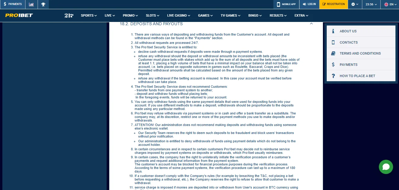 Screenshot of Pro1bet's withdrawal section and limits