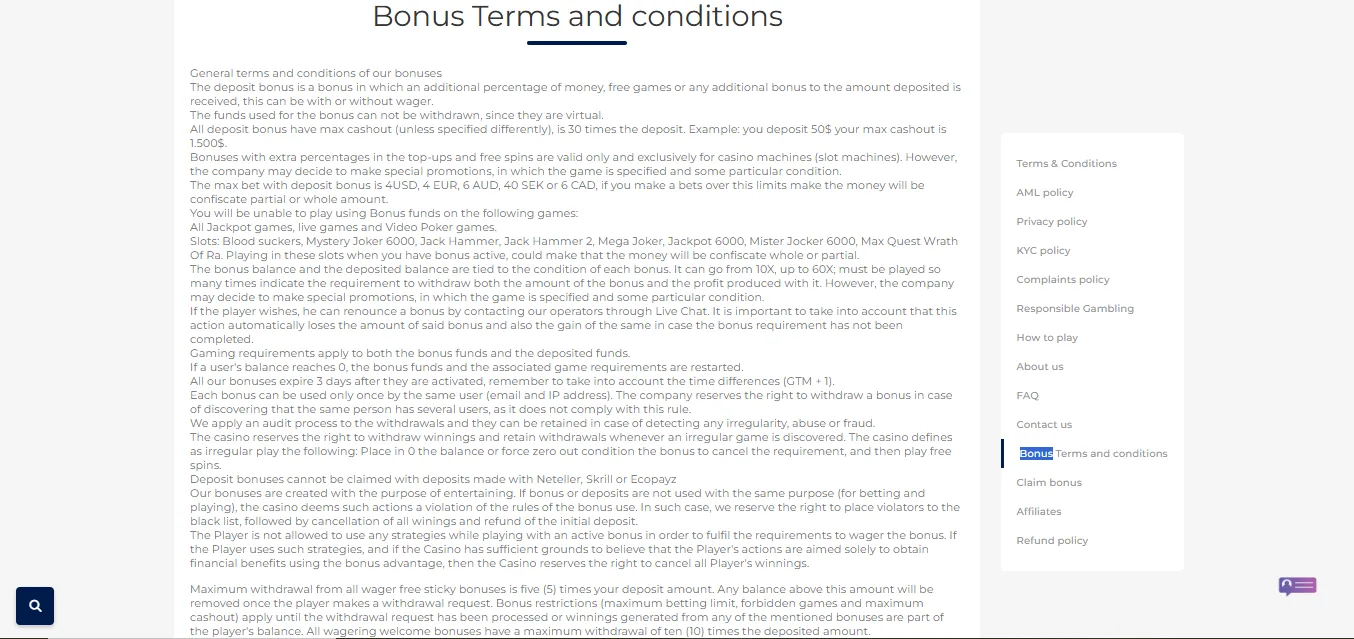 Screenshot of PureBets's bonus terms and wagering requirements