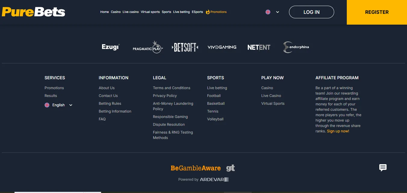 Screenshot of PureBets's footer licence and regulator details