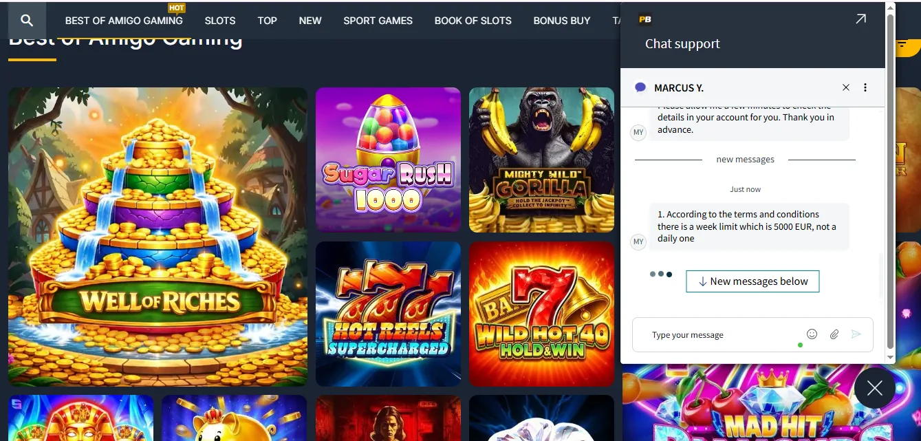 Screenshot of PureBets's live chat support window
