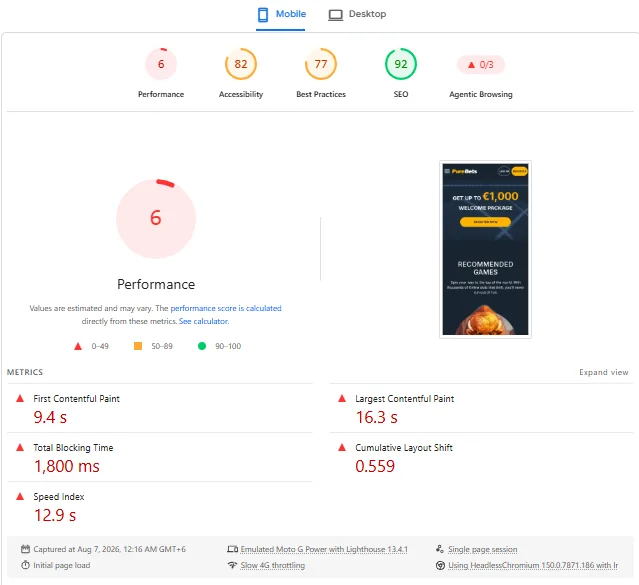 Screenshot of PureBets's mobile site