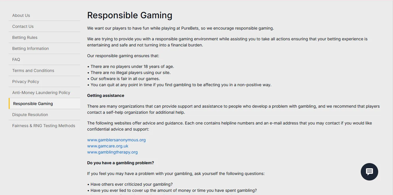 Screenshot of PureBets's responsible-gambling tools