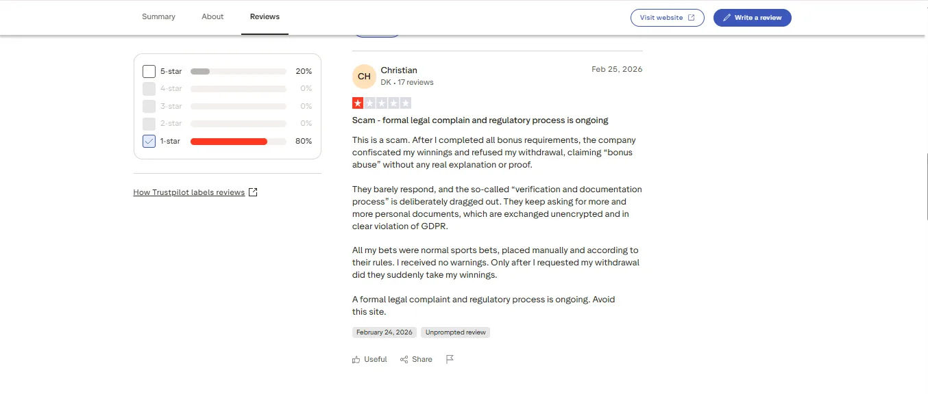 Screenshot of PureBets's negative Trustpilot review