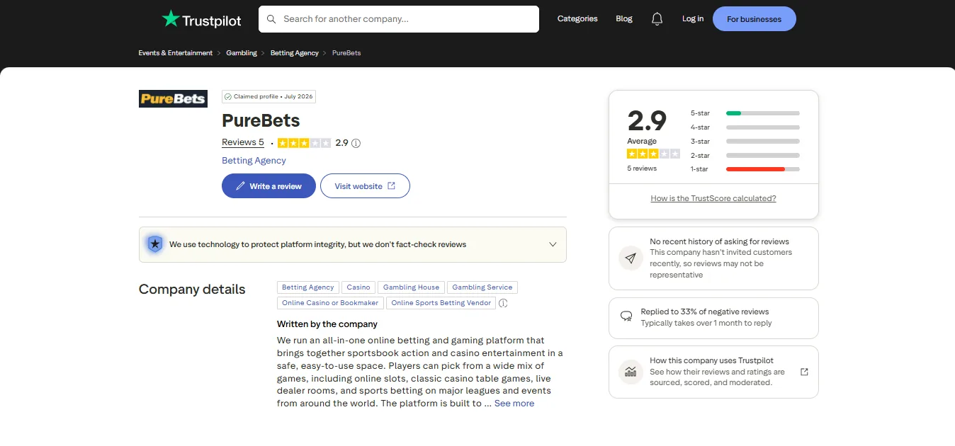 Screenshot of PureBets's Trustpilot rating overview