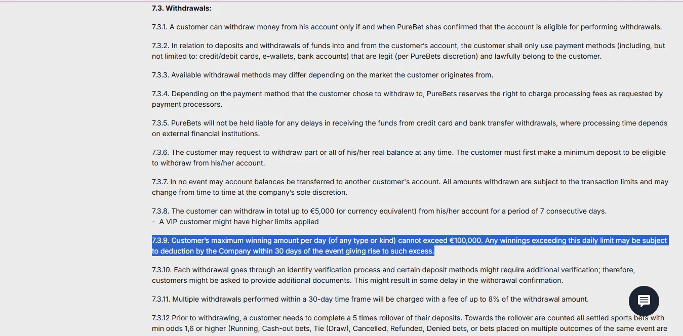 Screenshot of PureBets's withdrawal section and limits