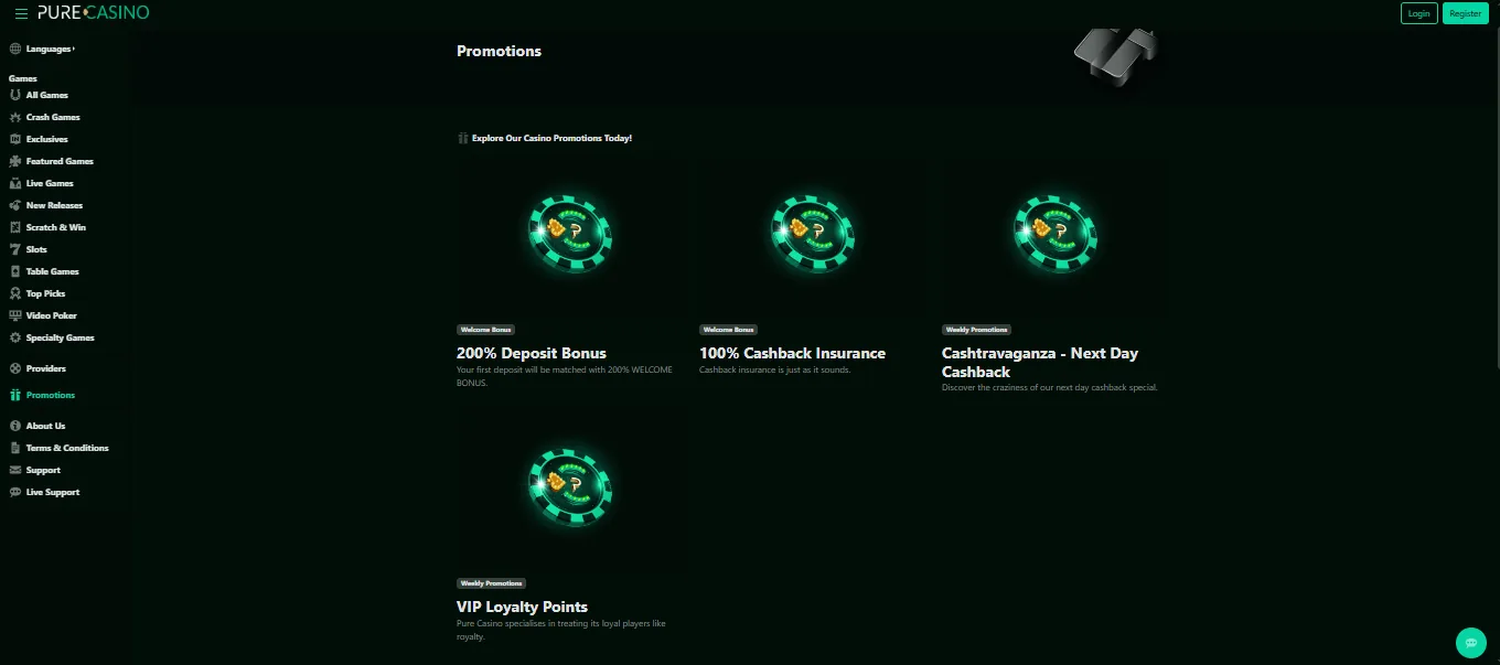 Screenshot of Pure Casino's welcome bonus offer