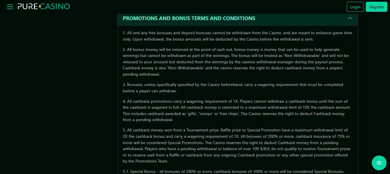 Screenshot of Pure Casino's bonus terms and wagering requirements