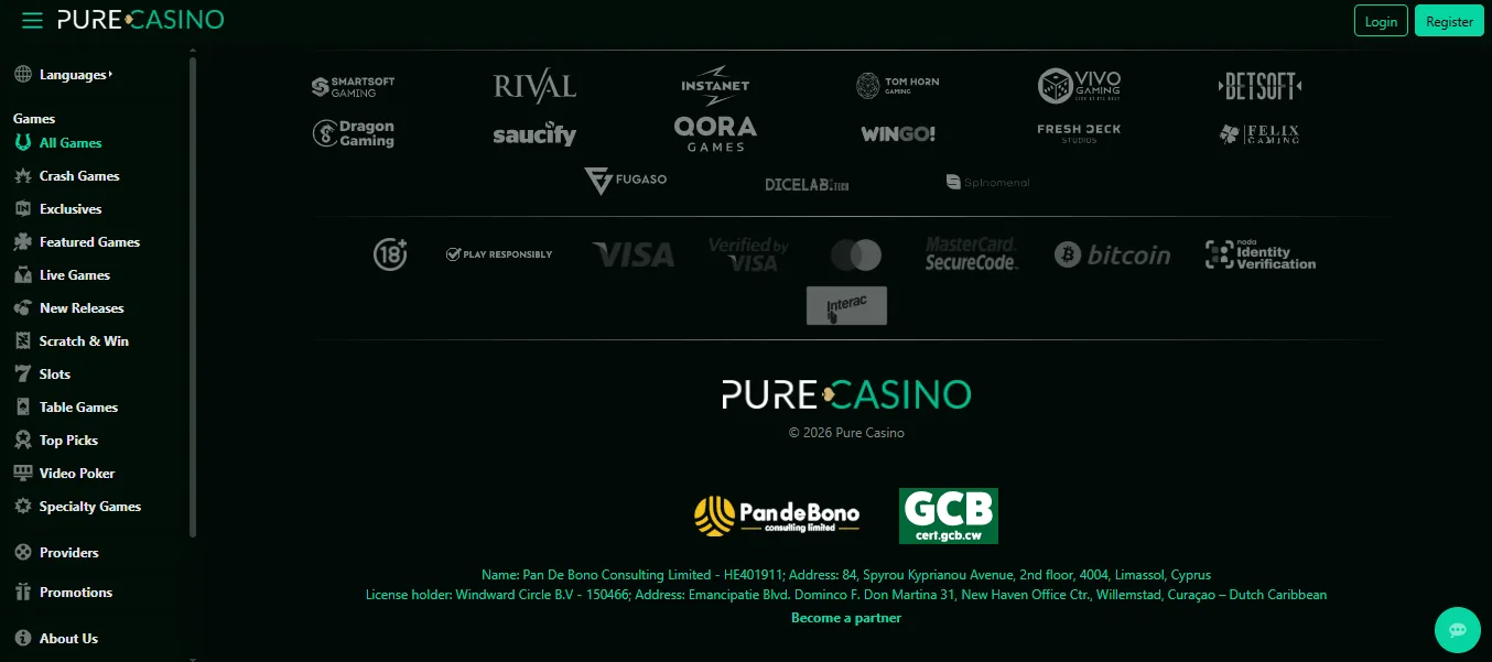Screenshot of Pure Casino's footer licence and regulator details