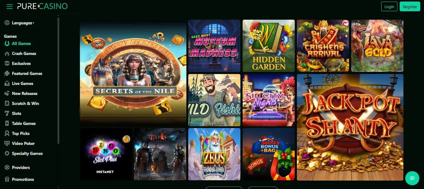 Screenshot of Pure Casino's games lobby