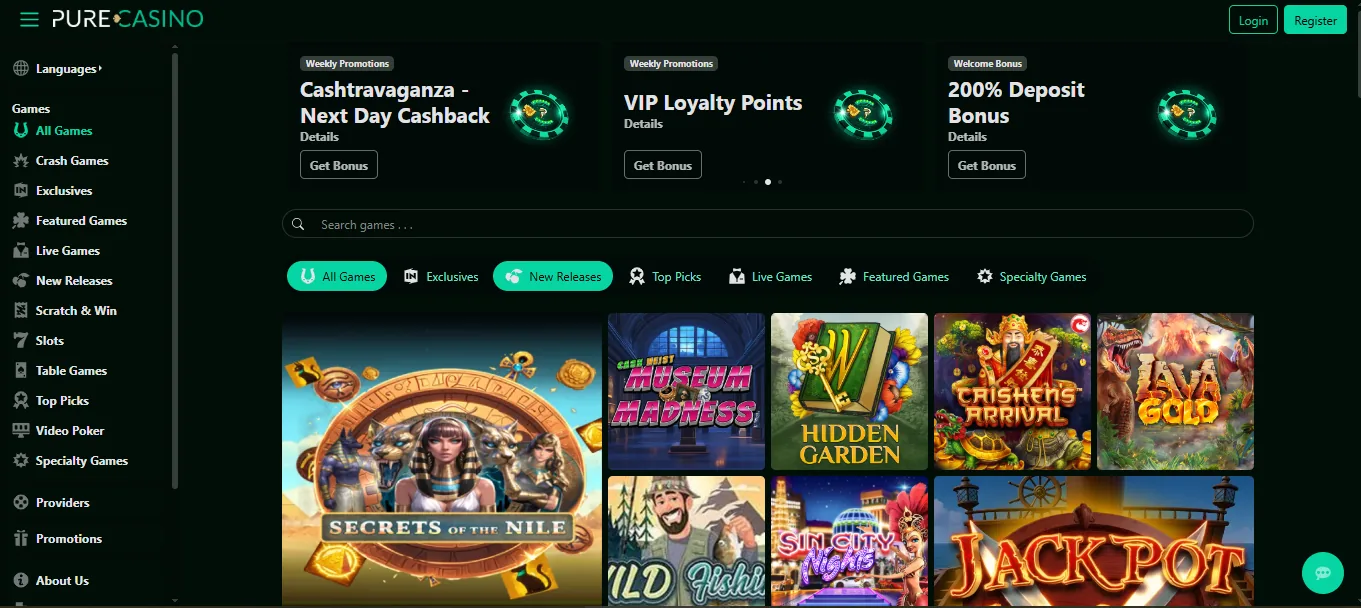 Screenshot of Pure Casino's homepage