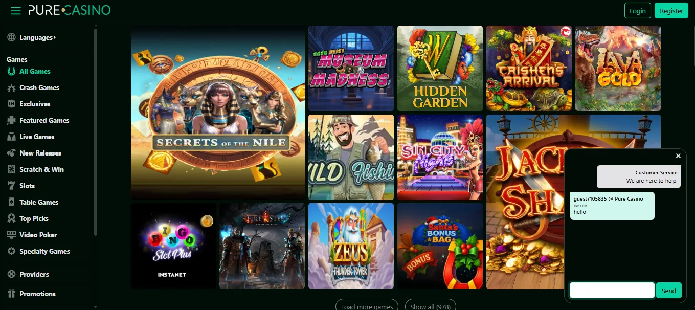 Screenshot of Pure Casino's live chat support window