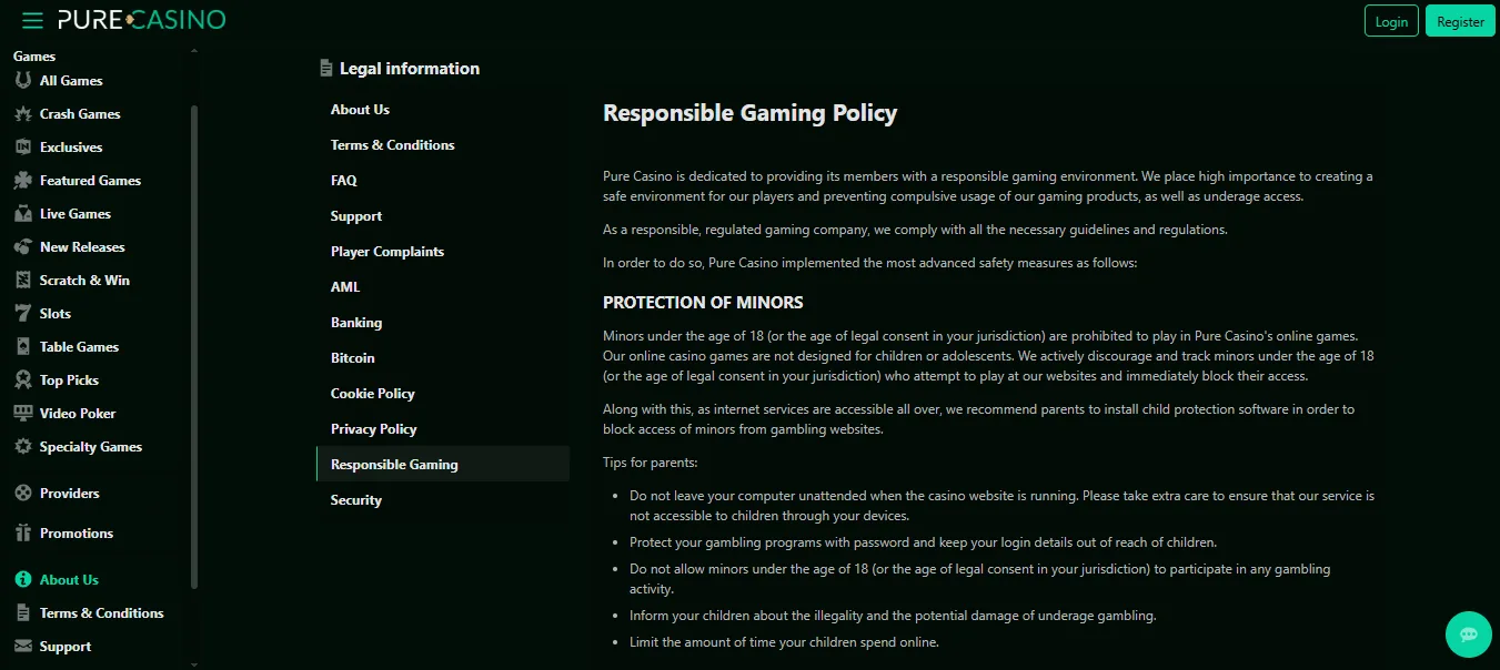Screenshot of Pure Casino's responsible-gambling tools