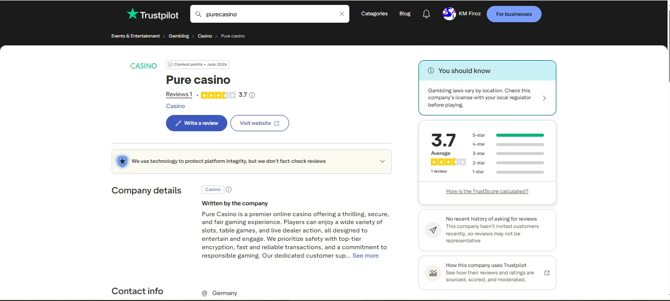 Screenshot of Pure Casino's Trustpilot rating overview