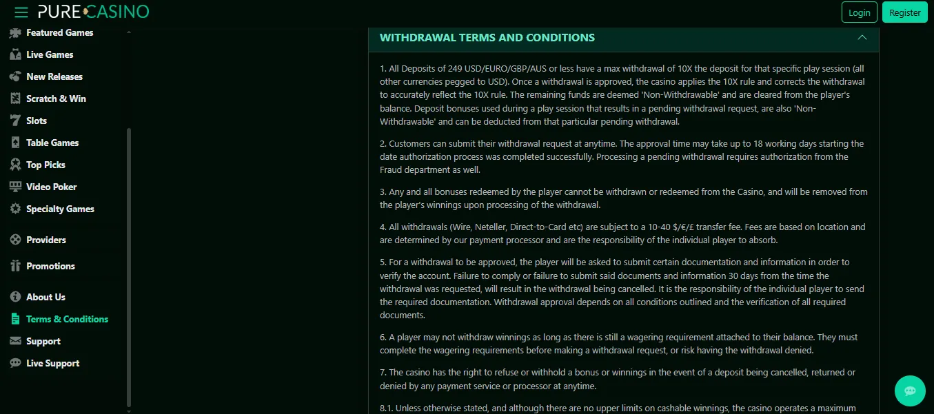 Screenshot of Pure Casino's withdrawal section and limits